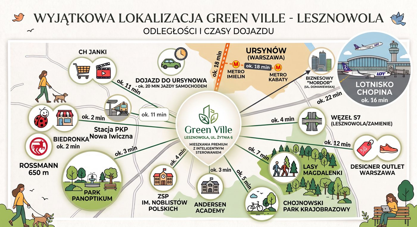 Mapa odległości z osiedla GreenVille przy ul. Żytniej w Lesznowoli: Rossmann 650 m, Biedronka i przystanek w kilka minut, Park Panoptikum 3 min, szkoła 4 min, węzeł S7 4 min, stacja PKP Nowa Iwiczna 11 min, CH Janki 11 min, Designer Outlet 12 min, Lotnisko Chopina 16 min, Ursynów 20 min, Mokotów 22 min